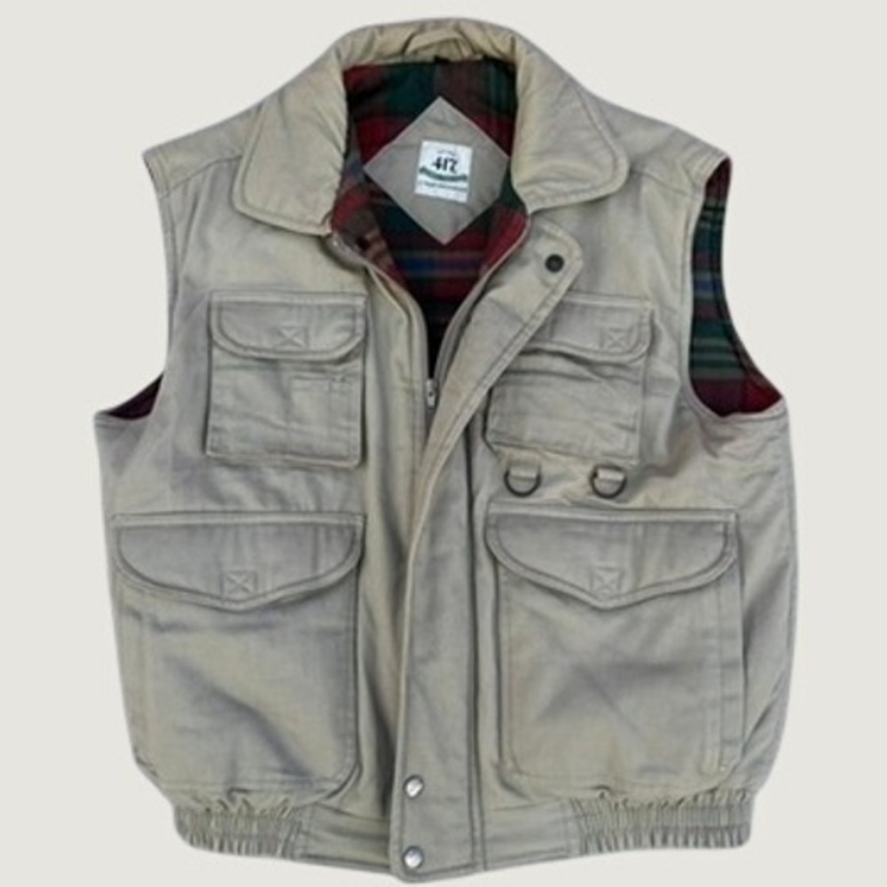 Van Heusen 417 Mens Tan Utility Fishing Vest Plaid Flannel Blanket Lined Medium